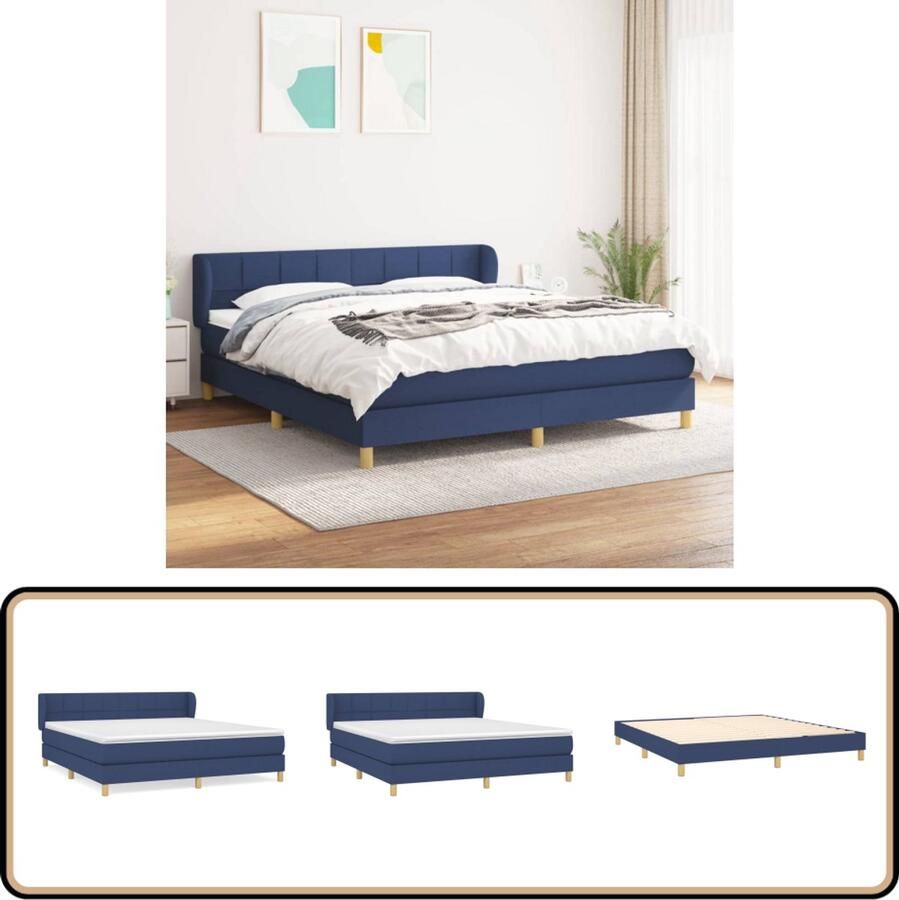 VidaXL Boxspring met matras Stof Blauw 160x200 cm Boxspringbed Slaapcomfort Pocketvering Matras Verstelbare Hoofdbord Blauwe Bedden