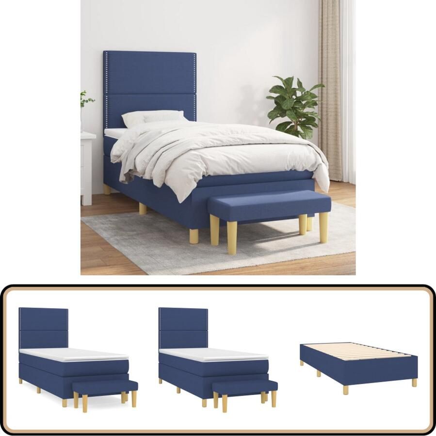 VidaXL Boxspring met matras Stof Blauw 80x200 cm Boxspringbed Slaapcomfort Pocketveermatras Verstelbare Hoofdbord Multifunctionele Bench