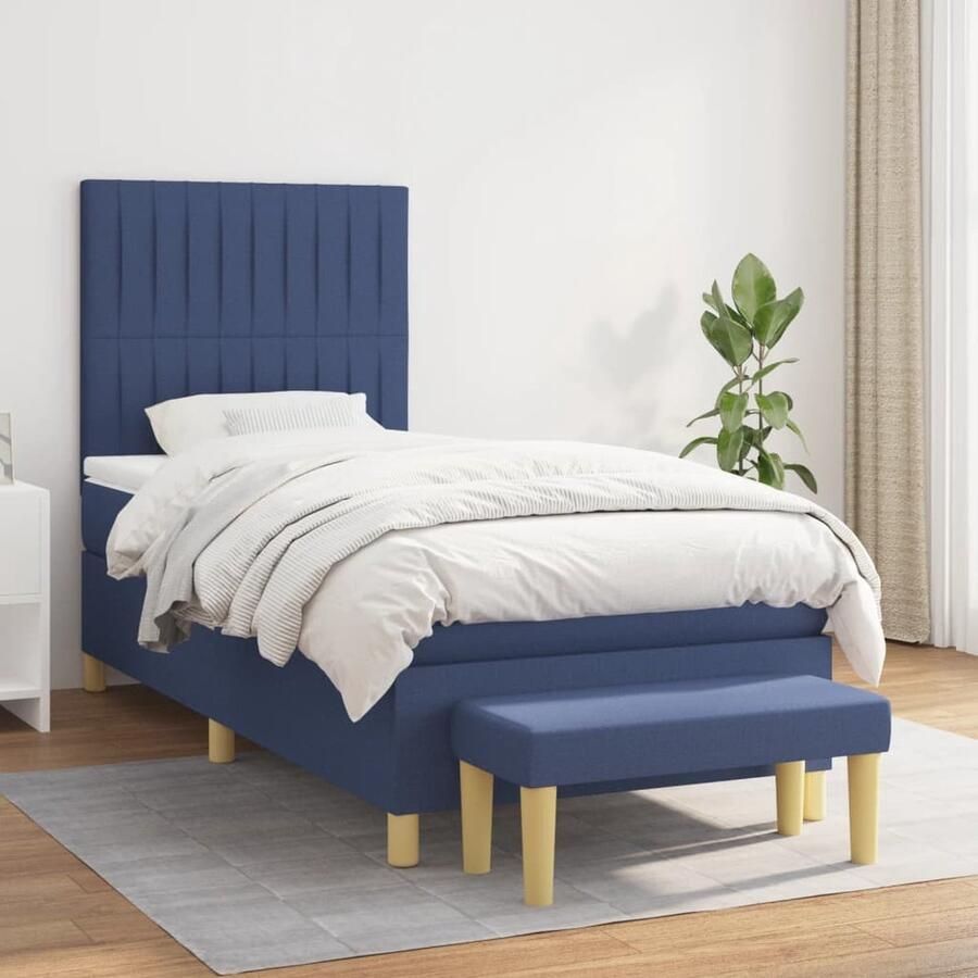 VidaXL Boxspring met matras Stof Blauw 90x200 cm Boxspringbed Boxspring Slaapkamerinrichting Tweepersoonsbed Blauwe Bedden Pocketveermatras Middelhard Matras Stapelbare Bedbank - Foto 2