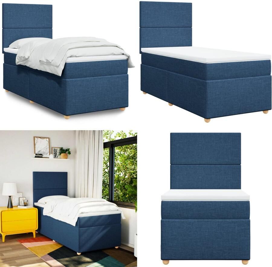 VidaXL Boxspring met matras stof blauw 90x200 cm Boxspringbed Boxspringbedden Boxspring Bed