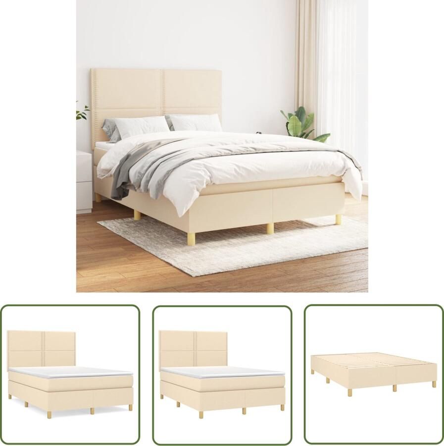 The Living Store Boxspringbed Crème 203 x 144 x 118 128 cm Pocketvering matras Middelharde ondersteuning Huidvriendelijk topmatras Boxspringbed Boxspring Creme Kleurig Bed Tweepersoonsbed Pocketed Spring Mattress