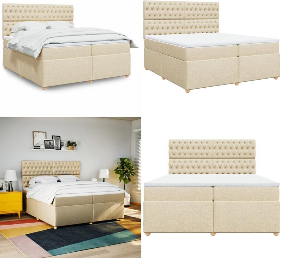 VidaXL Boxspring met matras stof crèmekleurig 200x200 cm Boxspringbed Boxspringbedden Boxspring Bed