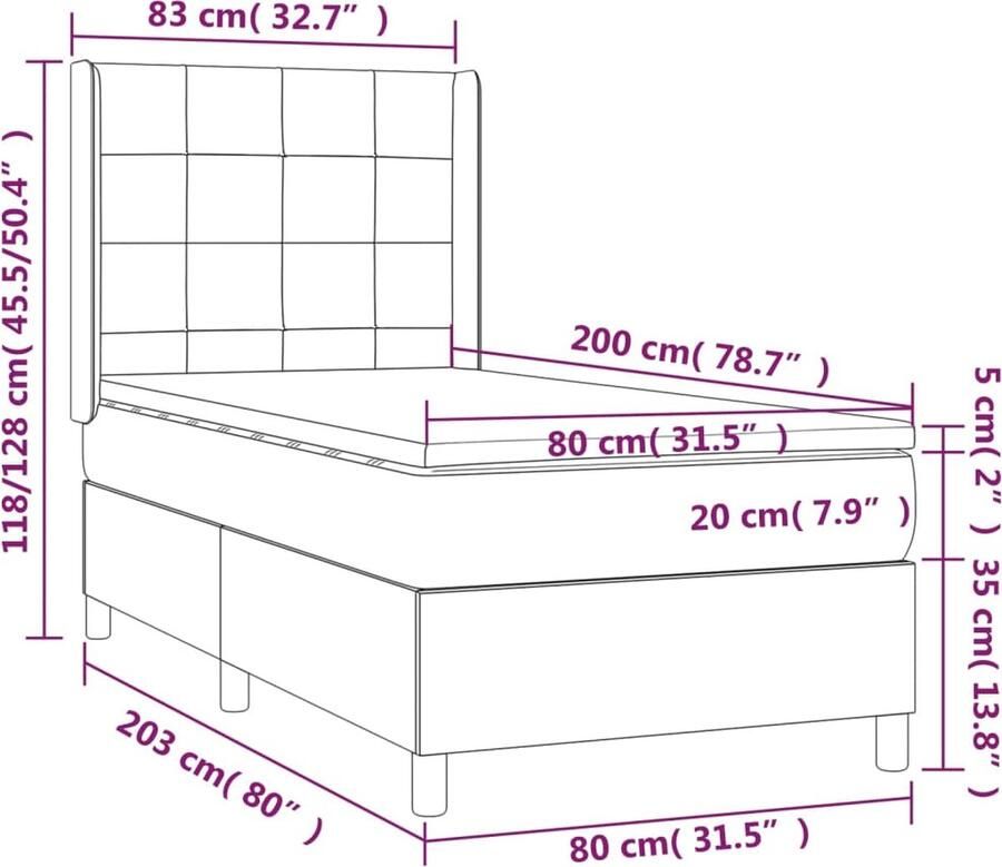 VidaXL Boxspring met matras en LED stof crÃ¨mekleurig 80x200 cm - Foto 6