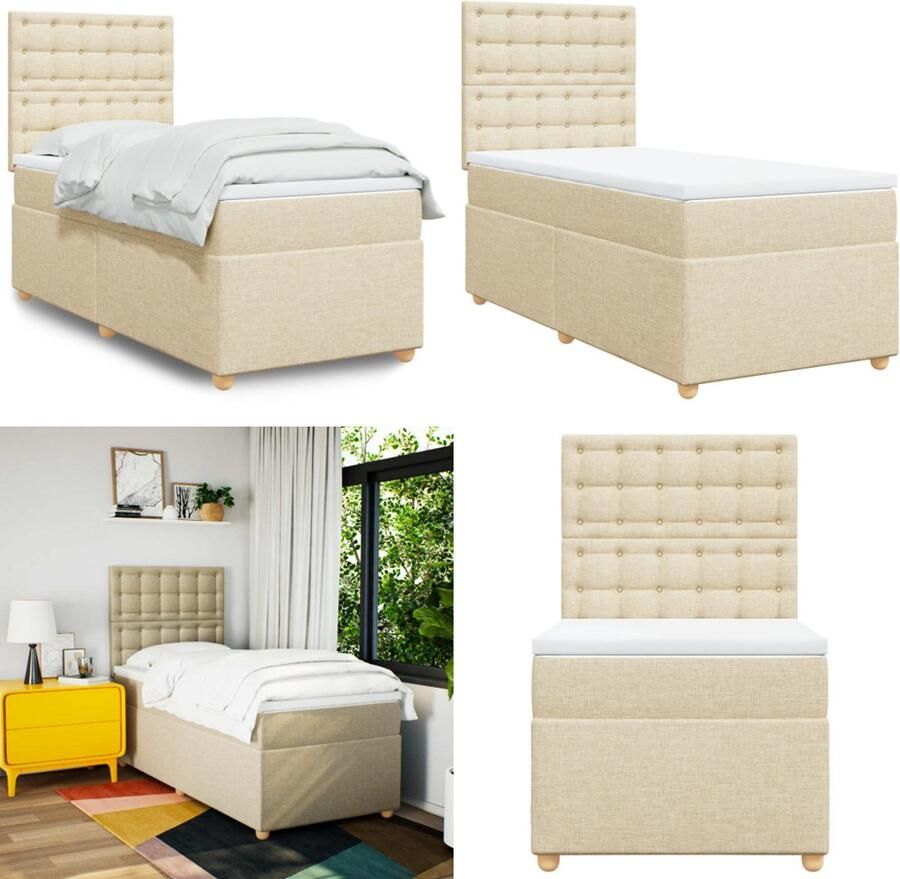 VidaXL Boxspring met matras stof crèmekleurig 90x190 cm Boxspringbed Boxspringbedden Boxspring Bed