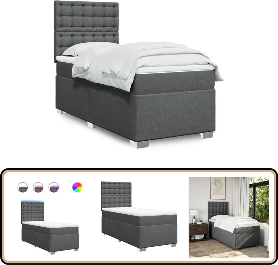 VidaXL Boxspring met matras Stof Donkergrijs 100x200 cm Boxspringbed Tweepersoonsbed Grijs Bed Led Lampjes Bed Elektrisch Verstelbaar Hoofdbord