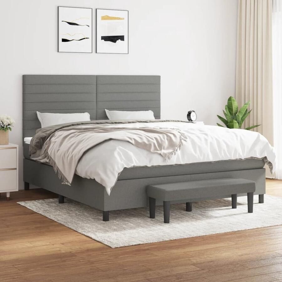 VidaXL Boxspring met matras stof donkergrijs 160x200 cm Boxspringbed Donkere Kleuren Tweepersoonsbed Boxspring Pocketed Veren Middenhard Matras Adjustable Headboard Multifunctionele Bank - Foto 2