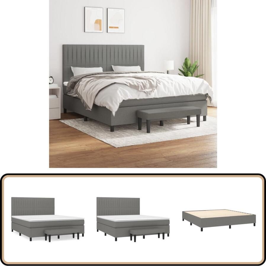VidaXL Boxspring met matras stof donkergrijs 180x200 cm Boxspringbed Donkere Kleuren Tweepersoonsbed Pocketed Veren Matras Hoofdbord Boxspring Frame Bedroom Furniture