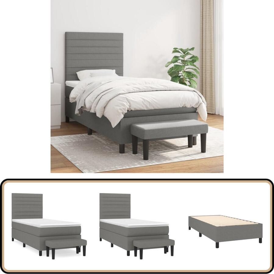 VidaXL Boxspring Met Matras Stof Donkergrijs 90x190 cm Boxspringbed Tweepersoonsbed Donkere Kleuren Slaapcomfort Pocketveermatras Middenhard Matras Designbank