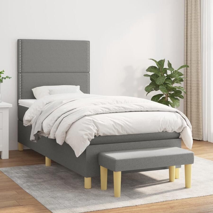 VidaXL Boxspring met matras 90x190 cm Donkergrijs Boxspringbed Boxsprings Slaapkamer Meubels Donker Grijs Bed Tweepersoons Bed Pocketed Spring Mattress Middelhard Matras Hoofdbord Met Instelbare Hoogte - Foto 2