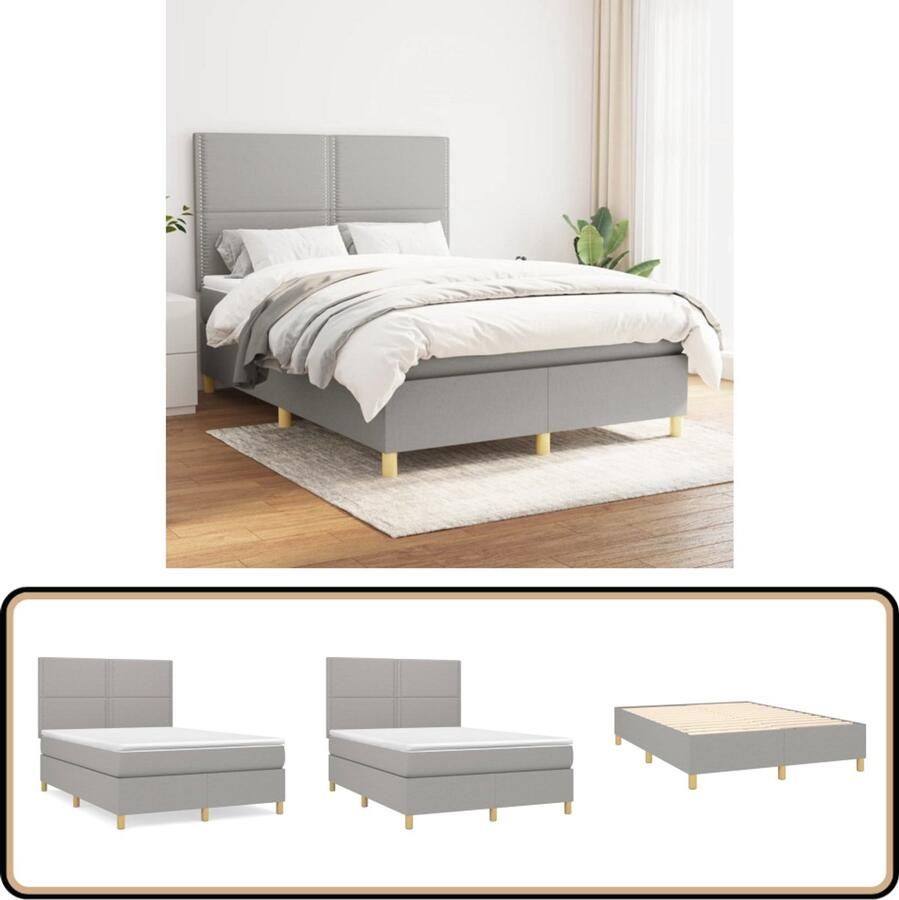VidaXL Boxspring Met Matras Stof Lichtgrijs 140x190 cm Boxspringbed Boxsprings Slaapkamerinrichting Tweepersoonsbed Grijs Bed Pocketveermatras Middenhard Matras