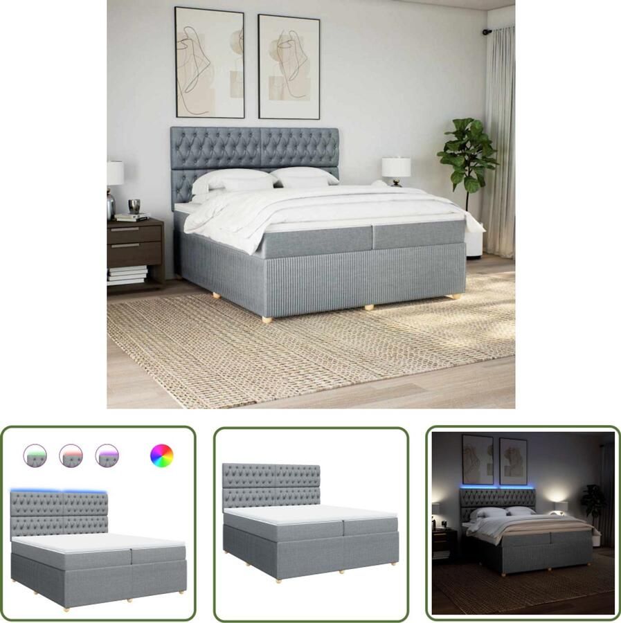 VidaXL Boxspring met matras stof lichtgrijs 200x200 cm Boxspring Boxspringbed Matras Led Verlichting Hoofdbord - Foto 2