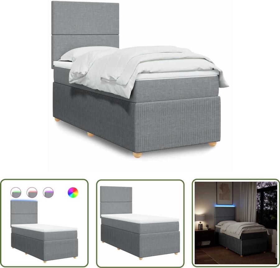 VidaXL Boxspring met matras stof lichtgrijs 80x200 cm Boxspring Boxspringbed Led Verlichting Pocketveringmatras Hoofdbord