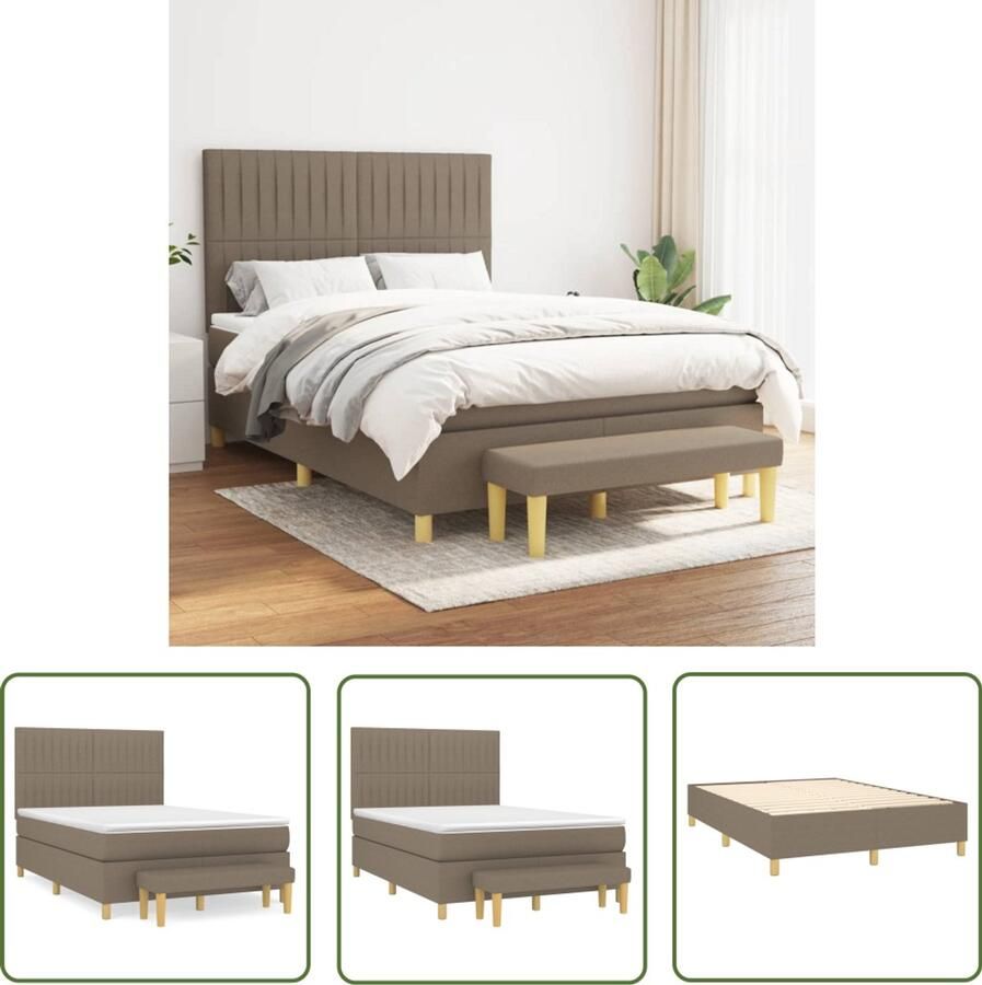 VidaXL Boxspring met matras Stof Taupe 140x200 cm Boxspringbed Pocketvering Middeld Hard Taupe Slaapcomfort Hoofdbord Bankje