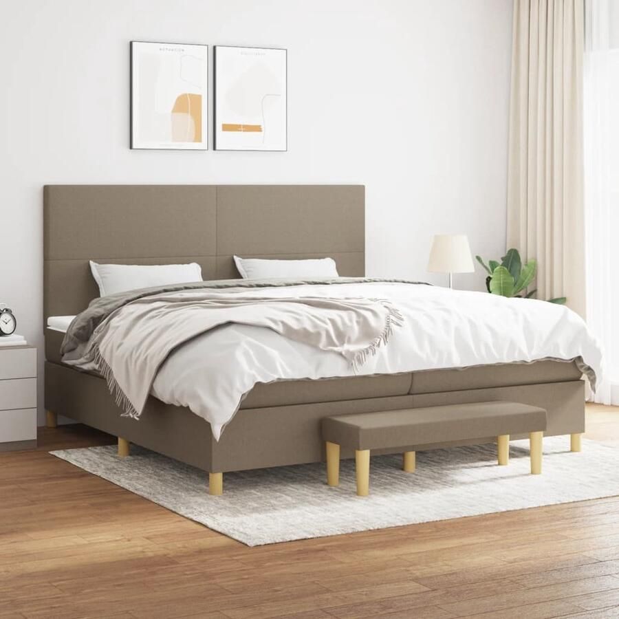 The Living Store Boxspringbed Bed Matras en Bank 203 x 200 cm Taupe Duurzaam verstelbaar hoofdbord pocketveren matras middelharde ondersteuning huidvriendelijk topmatras Boxspringbed Boxspring Bed Matras Tapijt - Foto 2