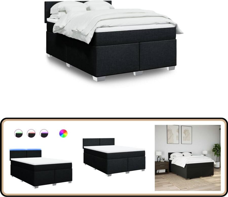 VidaXL Boxspring met matras Stof Zwart 140x200 cm Boxspring Led Lamp Tweepersoonsbed Pocketh Verenmatras Comfortabel Bed