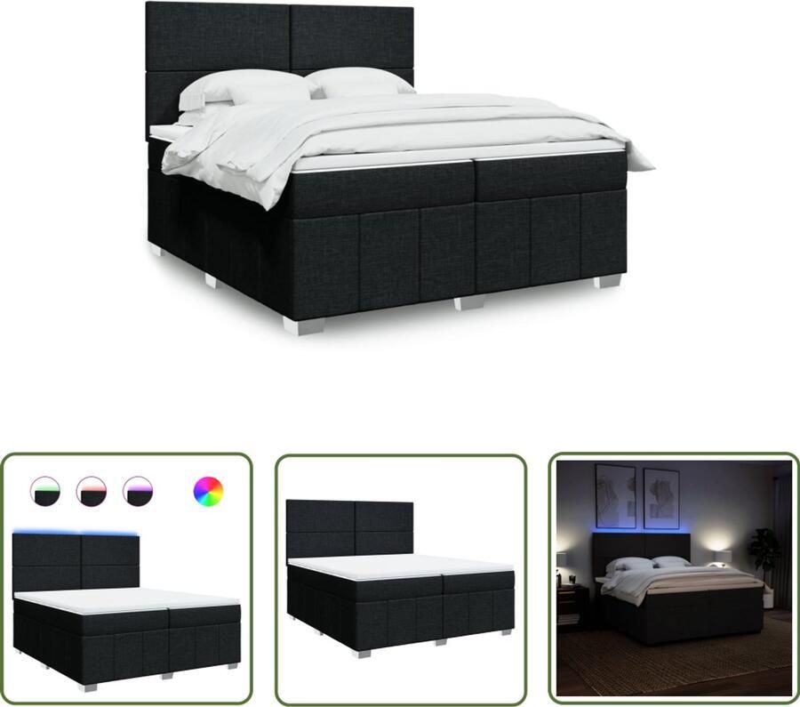VidaXL Boxspring met matras stof zwart 200x200 cm Boxspring Slaapcomfort Led Verlichting Matras Pocketvering