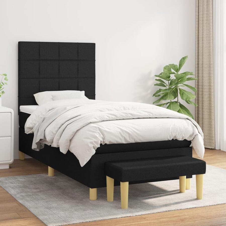 VidaXL Boxspring met matras Stof Zwart 90x190 cm Boxspringbed Tweepersoonsbed Bed Frame Zitzak Nachtlampje Dekbedovertrek Kussenhoes Slaapcomfort Bedroom Decor - Foto 2