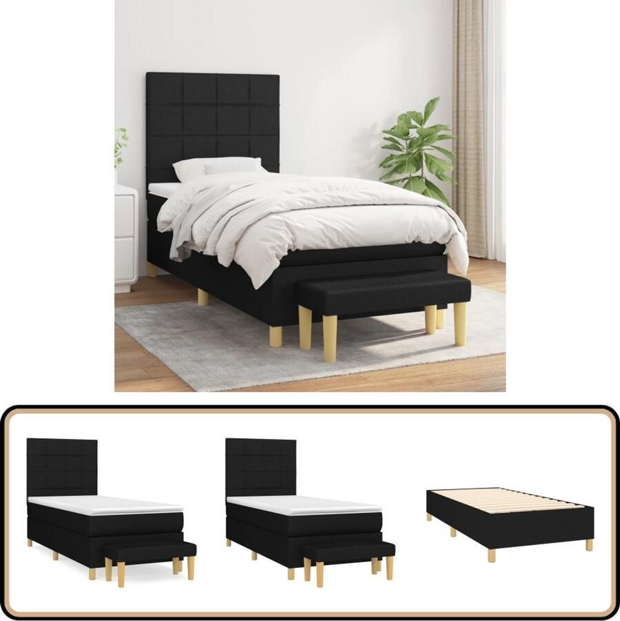 VidaXL Boxspring met matras Stof Zwart 90x190 cm Boxspringbed Tweepersoonsbed Bed Frame Zitzak Nachtlampje Dekbedovertrek Kussenhoes Slaapcomfort Bedroom Decor