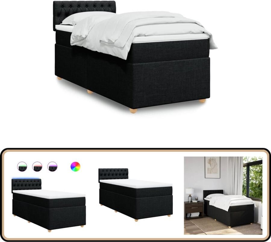 VidaXL Boxspring met matras Stof Zwart 90x190 cm Boxspringbed Tweepersoonsbed Zwart Bed Led Lampjes Bed Pocketveringmatras