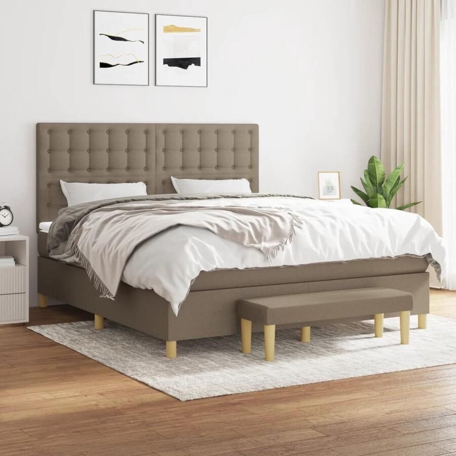 The Living Store Boxspringbed 203 x 180 x 118 128 cm Taupe ademende en duurzame stof verstelbaar hoofdbord pocketvering matras middelharde ondersteuning huidvriendelijk topmatras multifunctioneel bankje