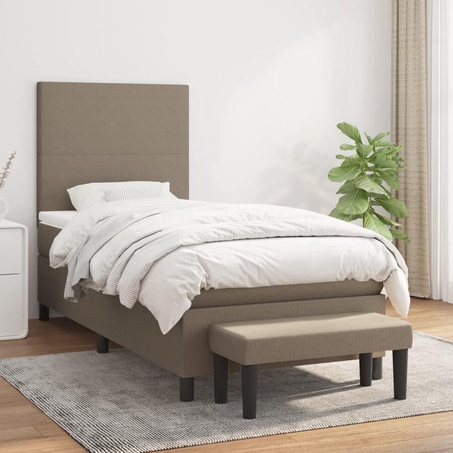The Living Store Boxspringbed Pocketvering Middelharde ondersteuning Huidvriendelijk topmatras Multifunctioneel bankje Taupe 193 x 90 x 118 128 cm