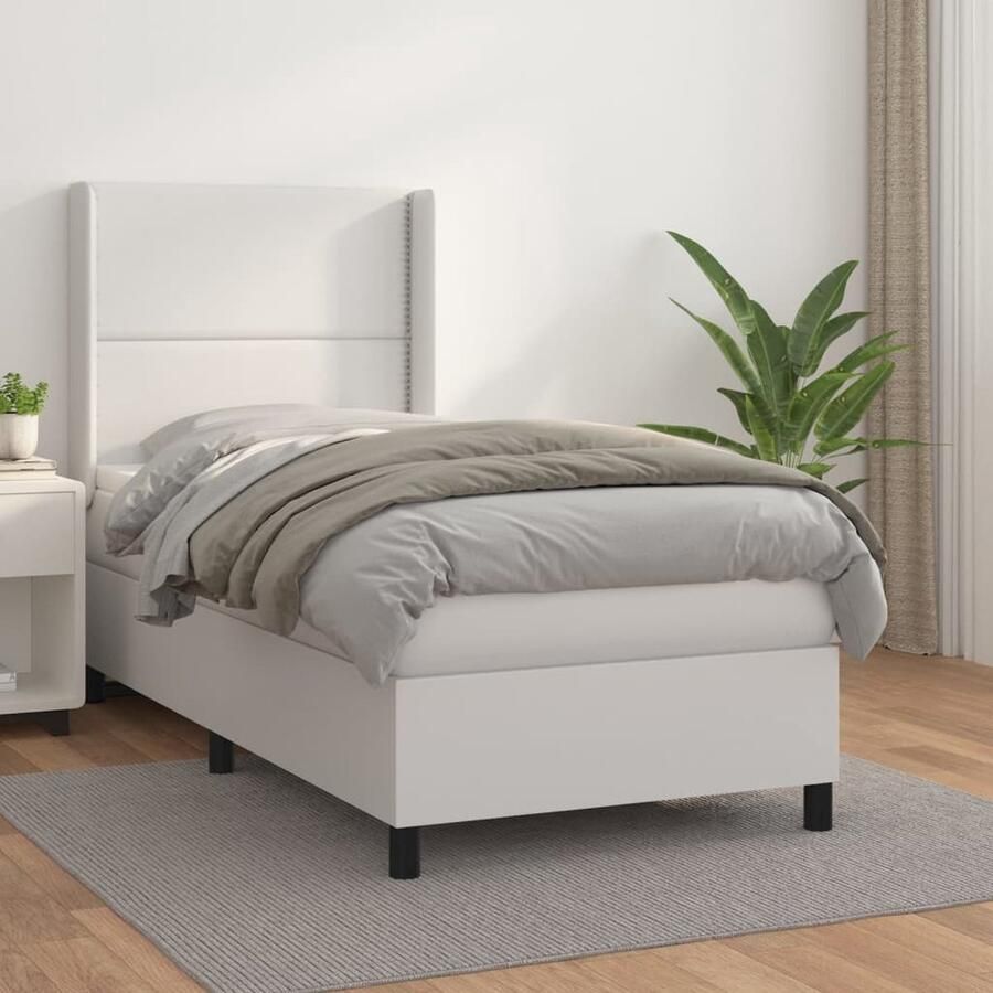 VidaXL Boxspring Kunstleer Wit 100x200 cm Boxspringbed Kunstleder Bed Verstelbare Hoofdbord Pocketveer Matras Middelhard Matras Witte Bed - Foto 2