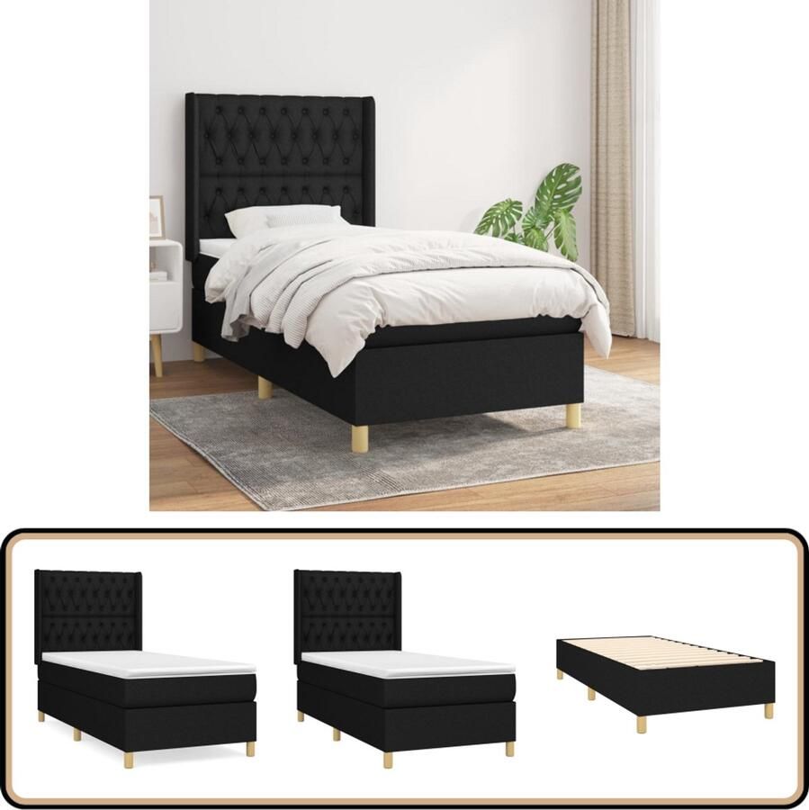 VidaXL Boxspring Zwart 90x200 cm Inclusief Matrassen Boxspringbed Boxspring Slaapcomfort Matras Pocketing Veren Hoofdbord Zware Ondersporen Tweepersoonsbed Bedroom Furniture