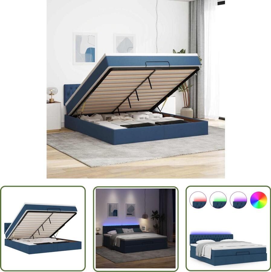 VidaXL Boxspring Ottoman Bed Ottoman bed met matras en LED's 160x200cm stof blauw Led Lampen Matras Opbergbed