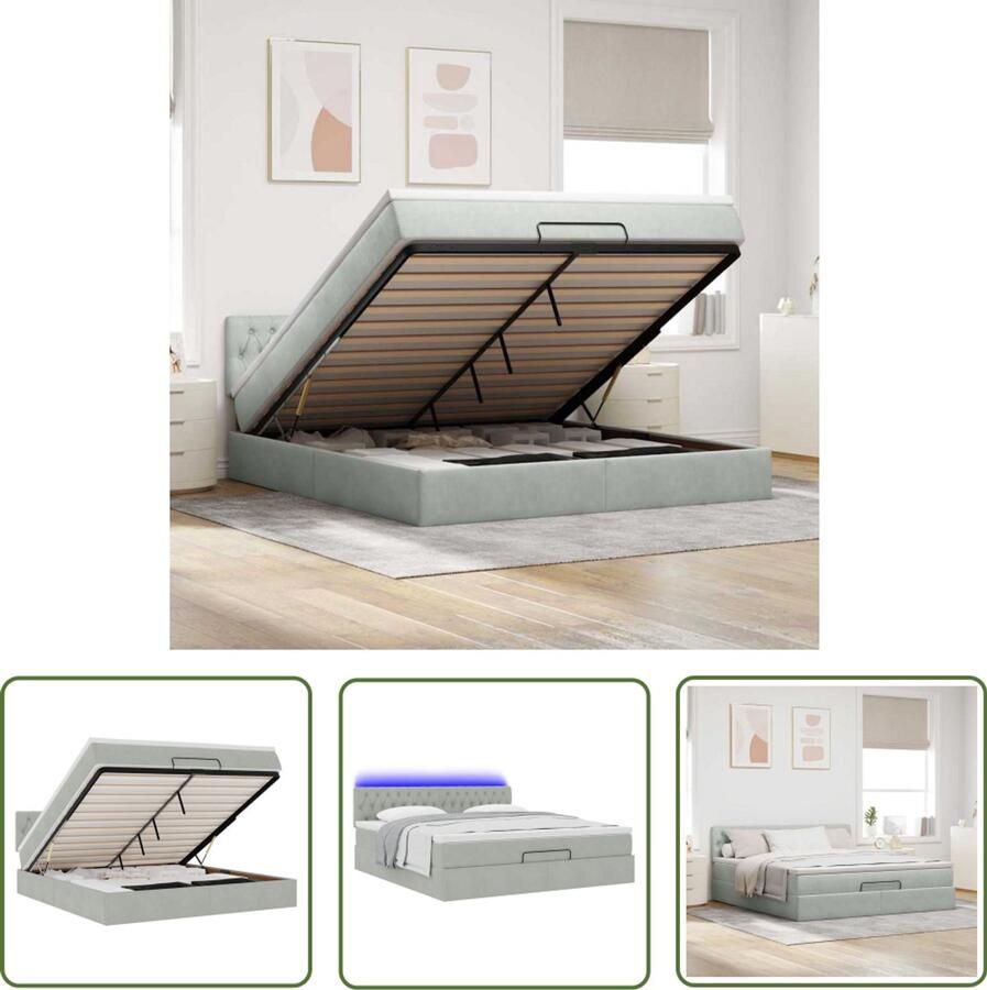 VidaXL Boxspring Ottoman Bed Ottoman bed met matras en LED's 180x200cm fluweel lichtgrijs Led Lamp Slaapcomfort Velvet Bed