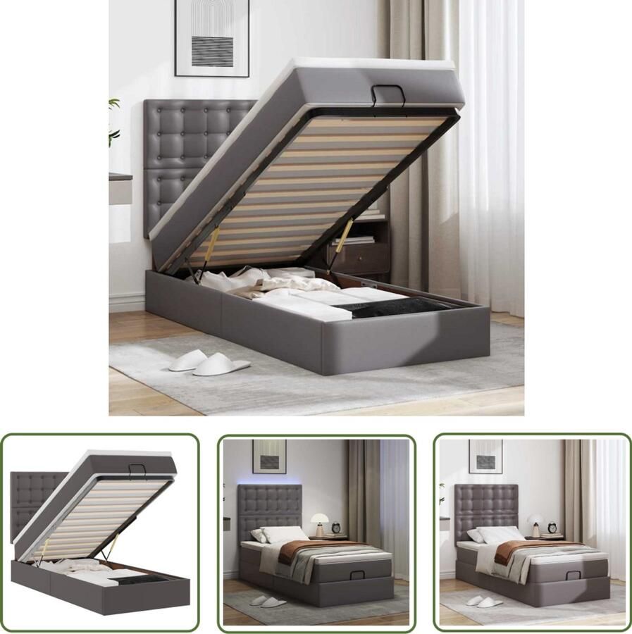 VidaXL Boxspring Ottoman Bed Ottoman bed met matras en LED's 90x200cm kunstleer grijs Led Lamp Slaapcomfort Opbergruimte
