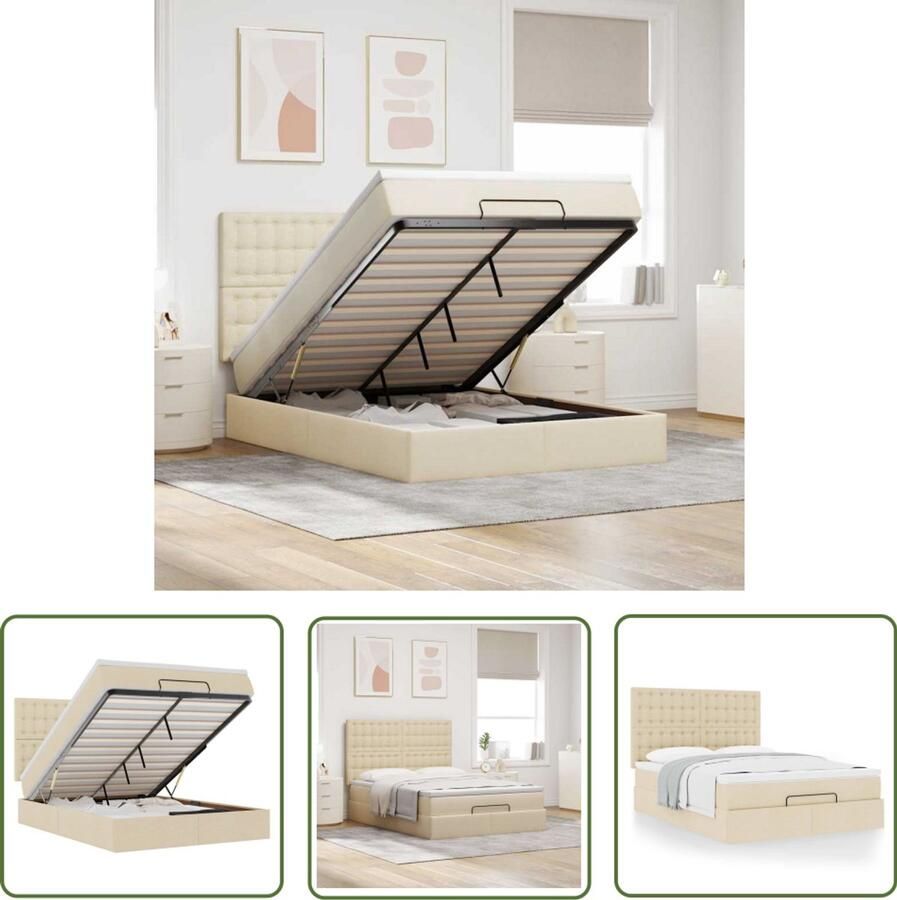 VidaXL Boxspring Ottomanbed Ottoman bed met matras 140x190cm stof crèmekleurig Slaapcomfort Pocketvering Opslagmogelijkheid
