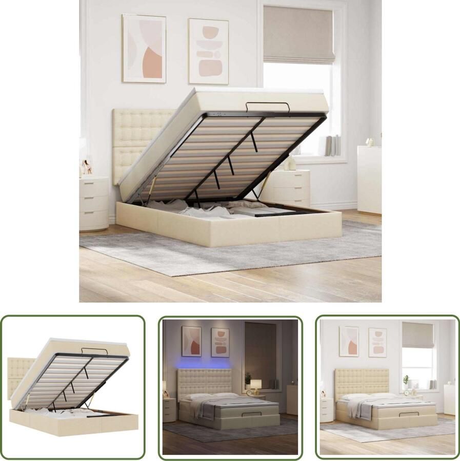 VidaXL Boxspring Ottomanbed Ottoman bed met matras en LED's 140x190cm stof crèmekleurig Led Lampen Slaapcomfort Pocketveringmatras