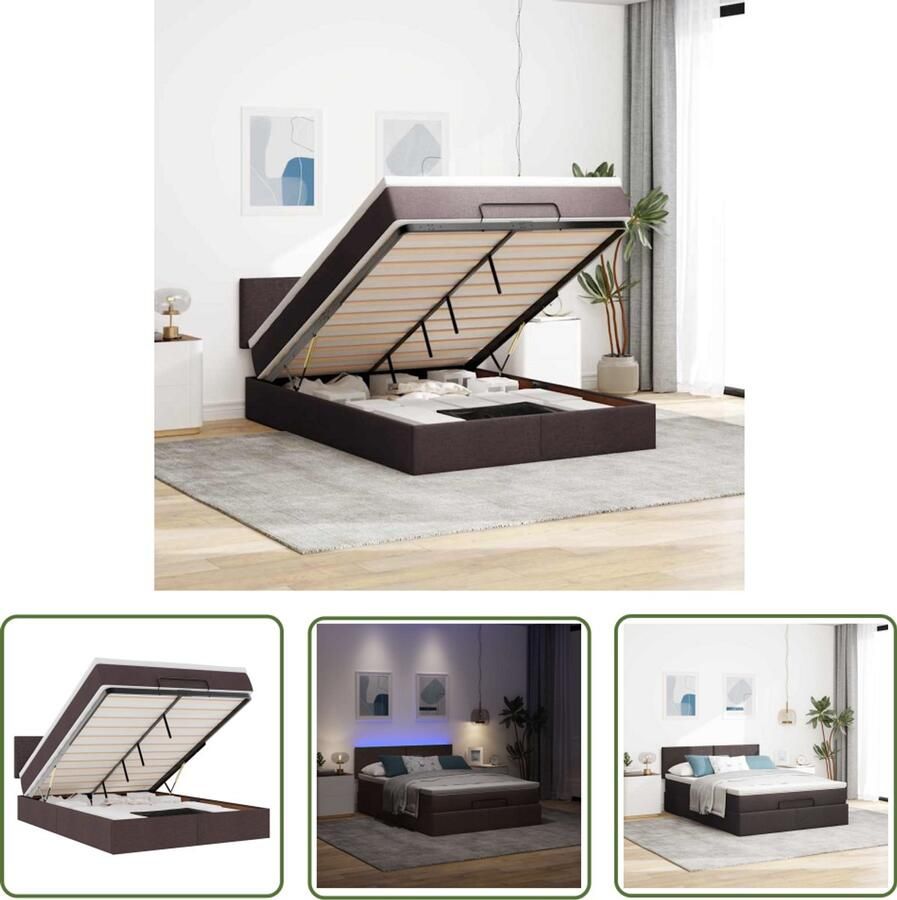 VidaXL Boxspring Ottomanbed Ottoman bed met matras en LED's 140x200cm stof donkerbruin Led Lampen Slaapcomfort Opbergruimte - Foto 2