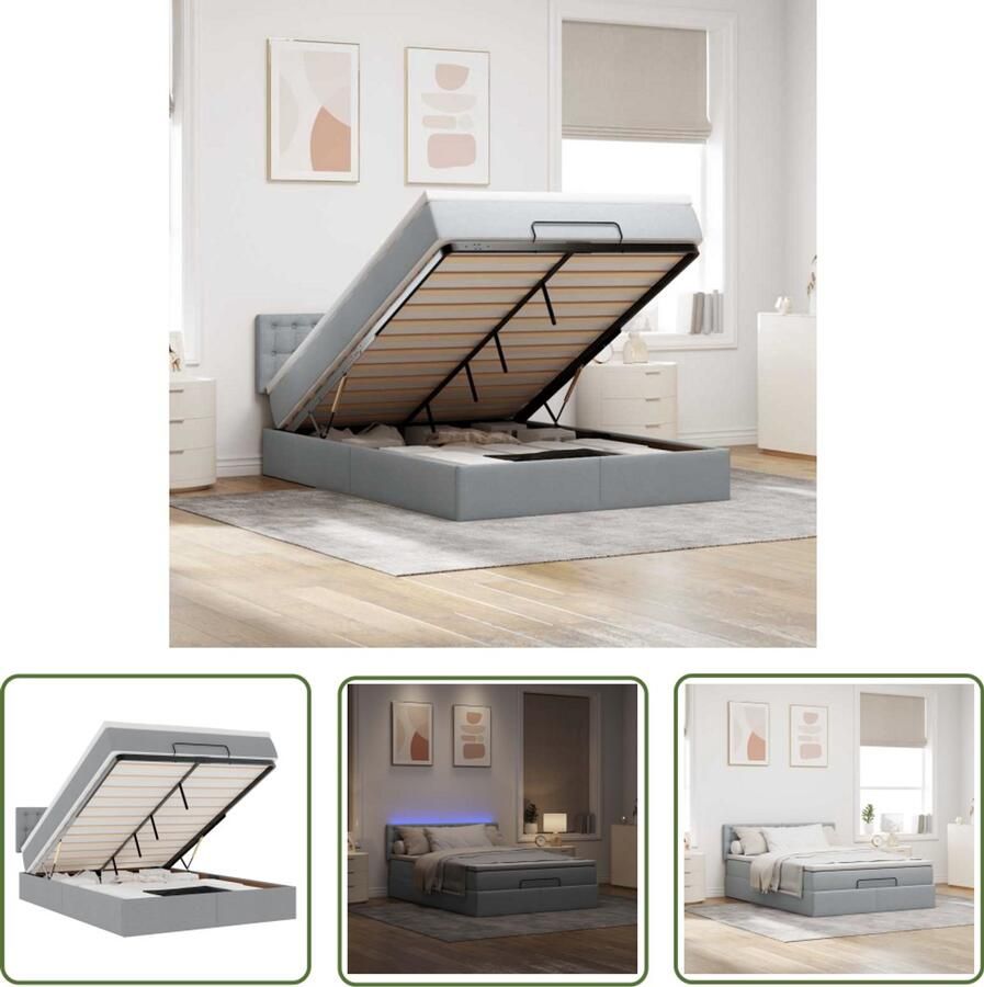 VidaXL Boxspring Ottomanbed Ottoman bed met matras en LED's 140x200cm stof lichtgrijs Led Lampen Slaapcomfort Opbergruimte