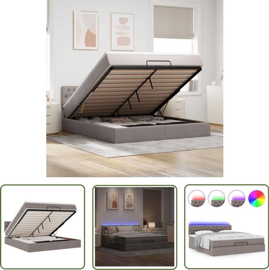 VidaXL Boxspring Ottomanbed Ottoman bed met matras en LED's 160x200cm stof taupe Led Lampen Slaapcomfort Opbergruimte