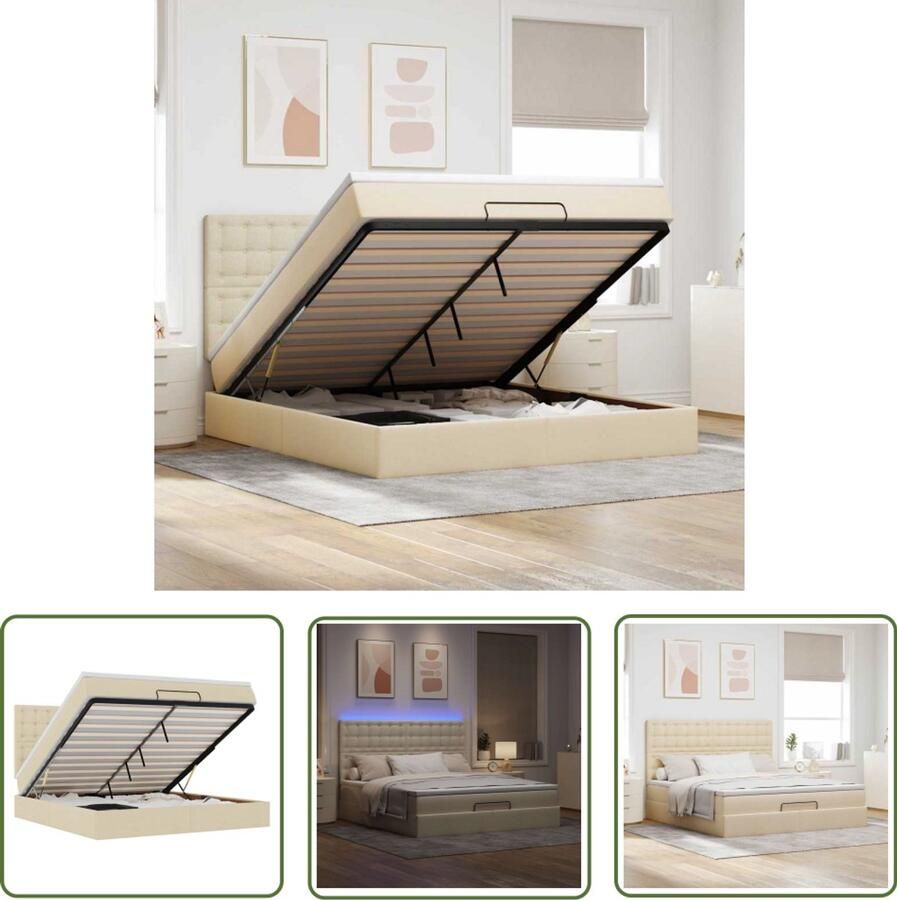 VidaXL Boxspring Ottomanbed Ottoman bed met matras en LED's 180x200cm stof crèmekleurig Led Lampen Slaapcomfort Opbergruimte