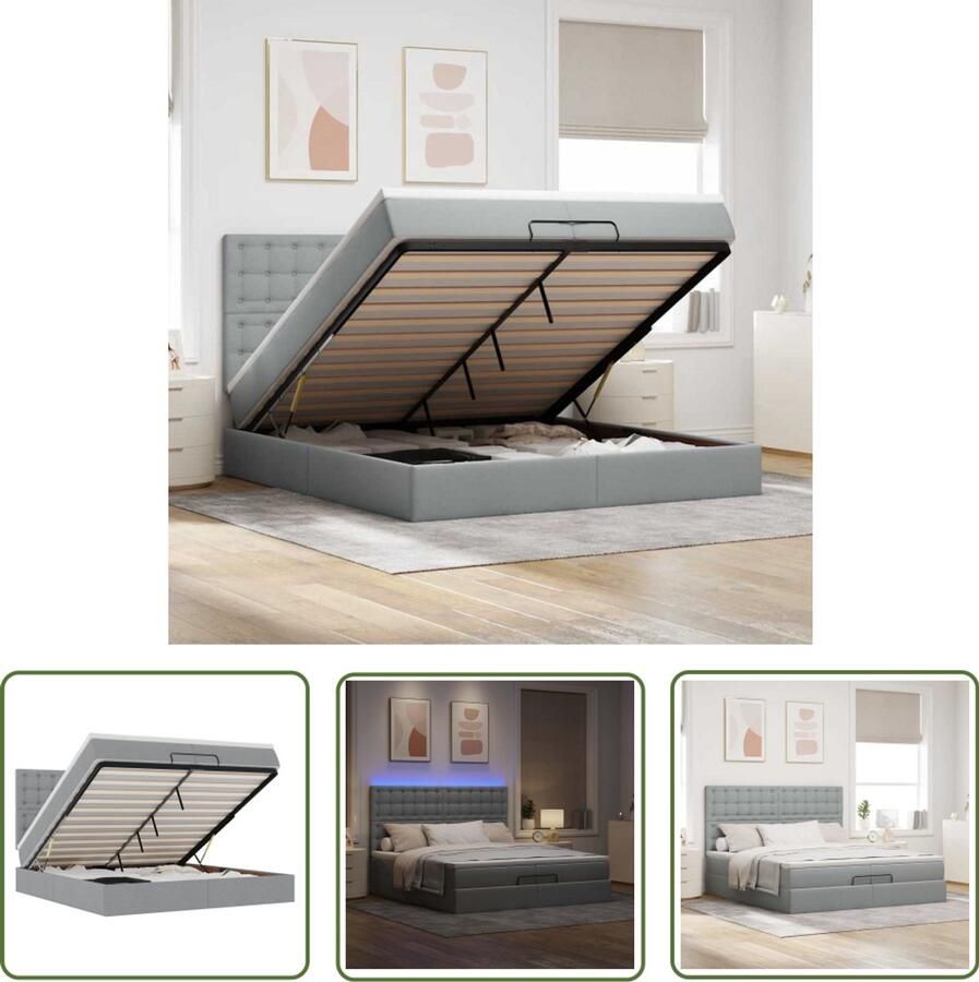 VidaXL Boxspring Ottomanbed Ottoman bed met matrassen en LED's 200x200cm stof lichtgrijs Led Bed Slaapcomfort Opbergruimte