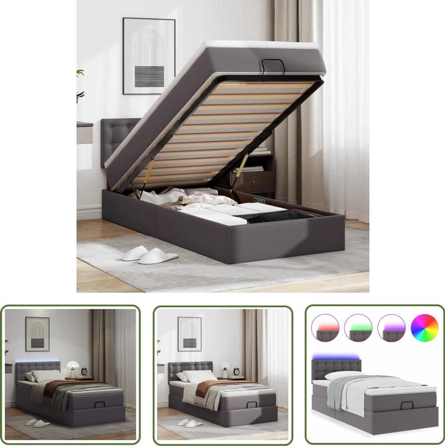 VidaXL Boxspring Ottomanbed Ottoman bed met matrassen en LED's 90x200cm kunstleer grijs Tweepersoonsbed Led Lamp Opbergruimte