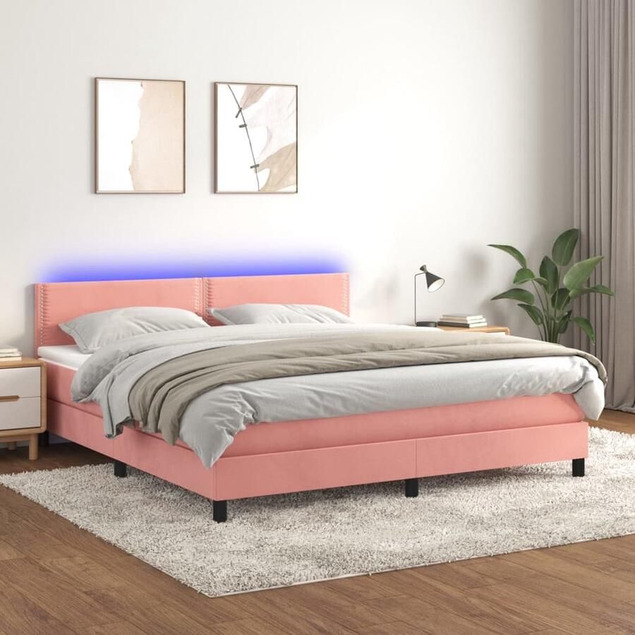 VidaXL Boxspring met matras en LED Roze 180x200 cm Boxspring Fluweel Bed Verstelbare Hoofdbord Led Verlichting Pocketveer Matras Luxe Bed Slaapcomfort - Foto 2