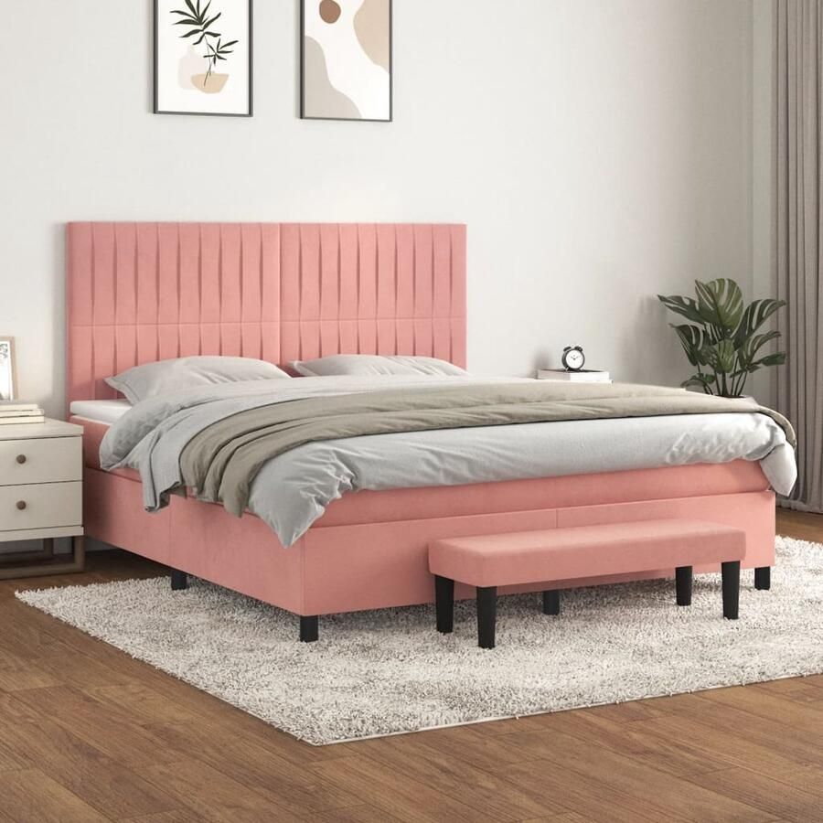 VidaXL Boxspring Fluweel Roze 160x200 cm Inclusief Matras Boxspringbed Fluweel Bed Velvet Bed Tweepersoons Bed King Size Bed Middenhard Matras Pocketed Spring Mattress Adjustable Headboard Multifunctionele Bank - Foto 2