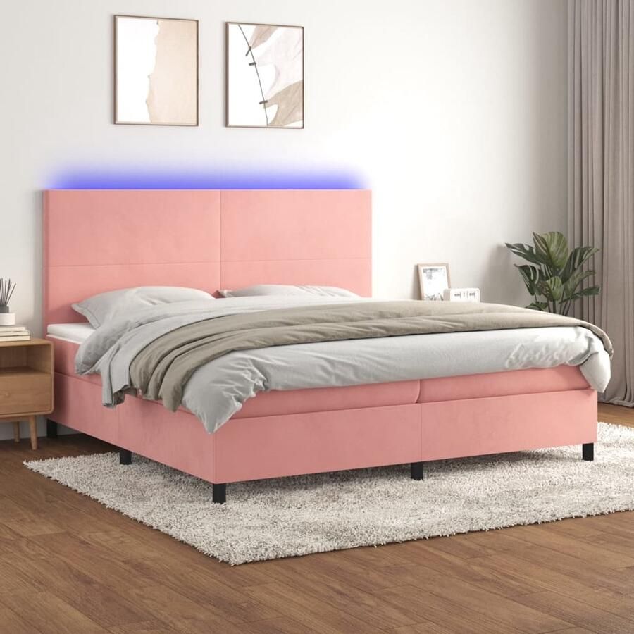VidaXL Boxspring Roze 200x200 cm Inclusief LED Boxspring Fluweel Bed Rozerood Bed Led Bed Verstelbare Hoofdbord Pocketveer Matras Kinderkamer - Foto 2