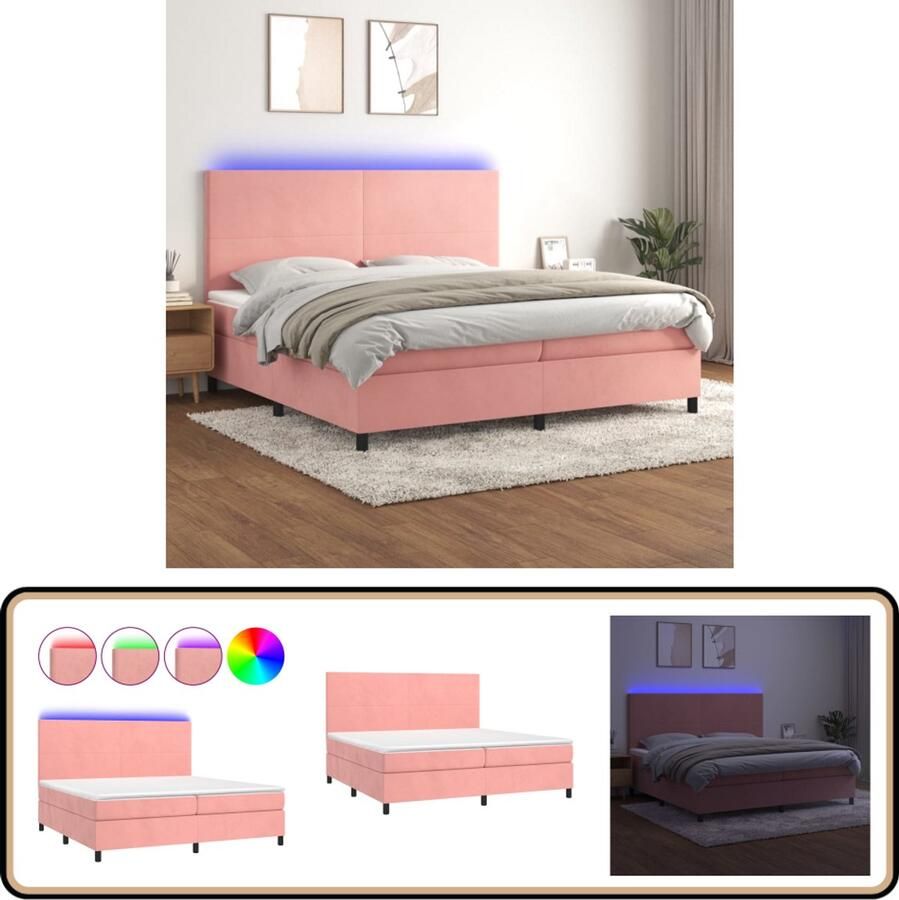 VidaXL Boxspring Roze 200x200 cm Inclusief LED Boxspring Fluweel Bed Rozerood Bed Led Bed Verstelbare Hoofdbord Pocketveer Matras Kinderkamer