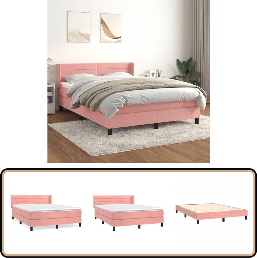VidaXL Boxspring Roze Fluweel 140x190 cm Boxspringbed Fluweel Bed Roze Bed Tweepersoons Bed King Size Bed Boxspring Frame Pocketed Spring Mattress Adjustable Headboard