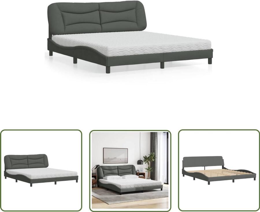 VidaXL Boxspring Slaapcomfort Bed met matras Hvar stof donkergrijs 180x200 cm Tweepersoonsbed Donkere Kleuren Houten Bed Frame