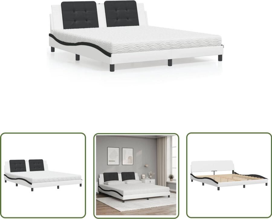 VidaXL Boxspring Slaapcomfort Bed met matras Zadar kunstleer wit en zwart 180x200 cm Tweepersoonsbed King Size Bed Lederlook
