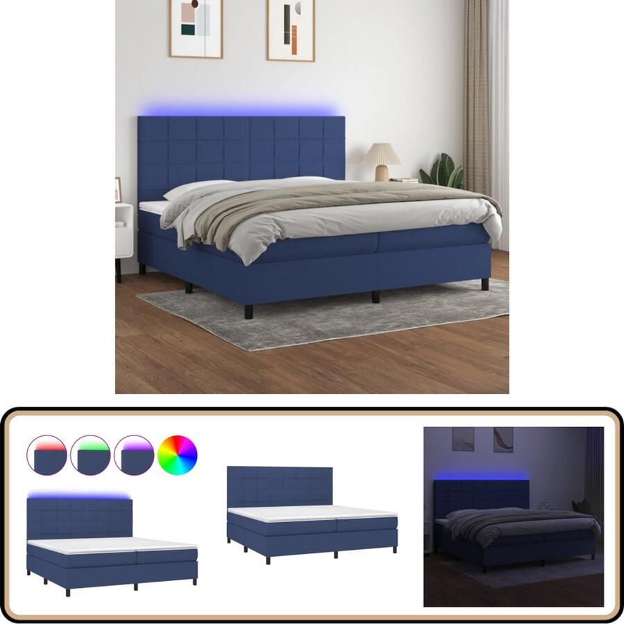 VidaXL Boxspring Stof 200x200cm Blauw LED Boxspring Bed Tweepersoons Bed Led Lamp Boxspring Frame Blue Bedroom Furniture Boxspring Mattress