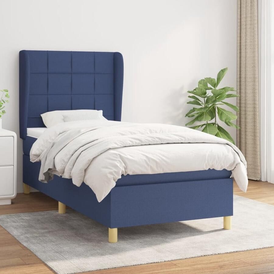 VidaXL Boxspring Stof Blauw 100x200 cm Inclusief Matras Boxspringbed Boxspring Tweepersoonsbed Slaapcomfort Matras Pocketed Veren Middenhard Hoofdbord Design Modern - Foto 2