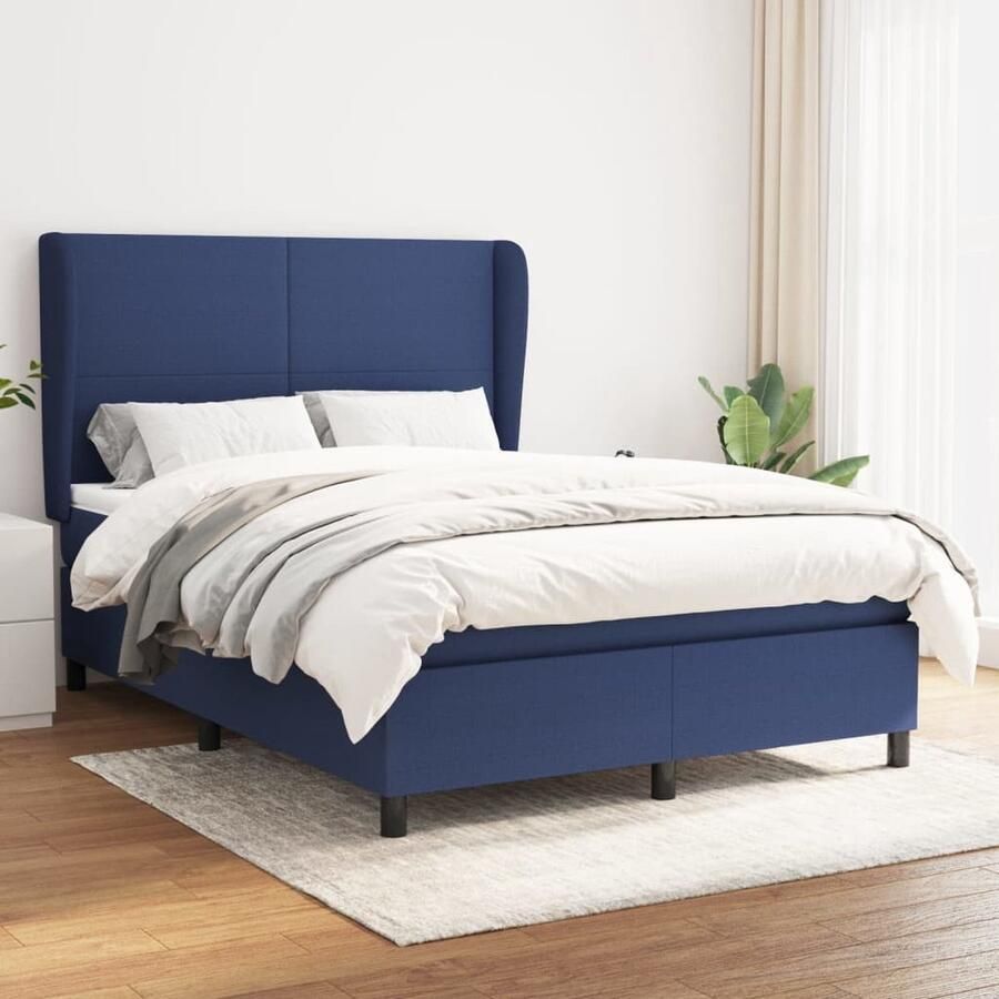 VidaXL Boxspring Stof Blauw 140x190 cm Boxspringbed Boxspring Tweepersoonsbed Slaapcomfort Matras Pocketing Veren Lederlook Modern Design Bedroom Furniture - Foto 2