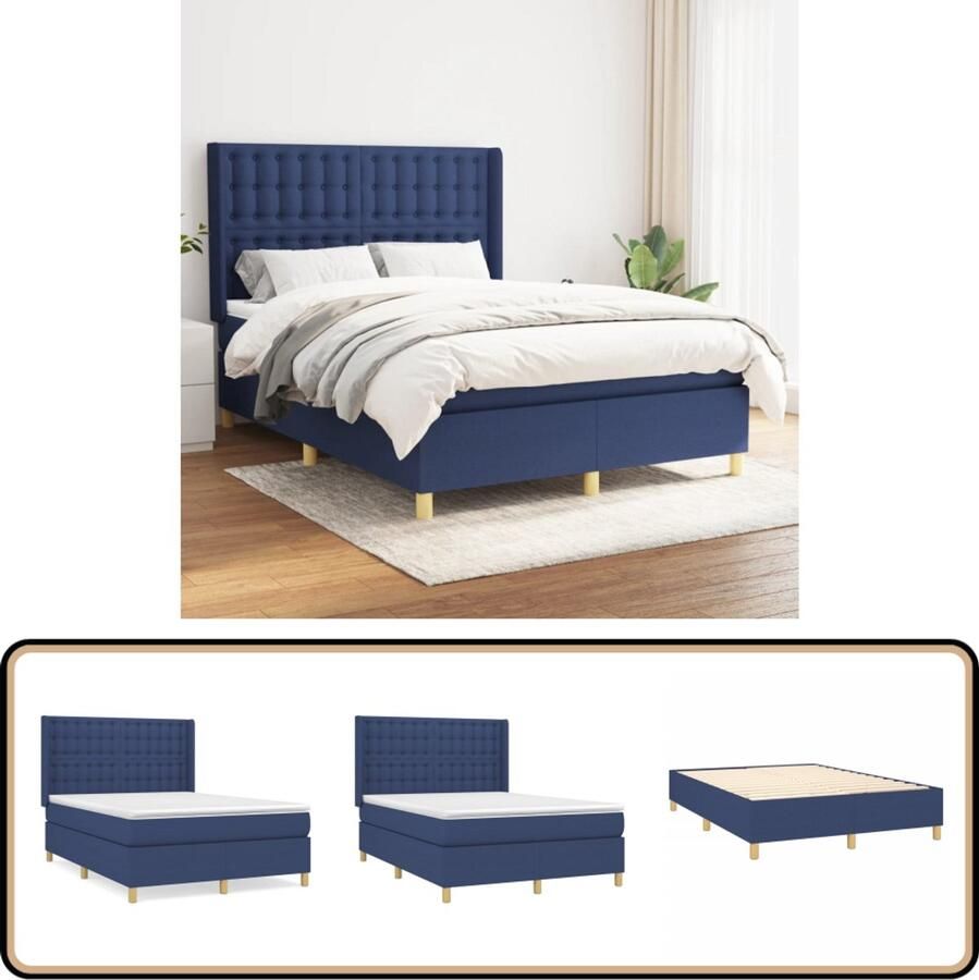 VidaXL Boxspring Stof Blauw 140x190 cm Boxspringbed Slaapkamer Meubilair Tweepersoons Bed Blauwe Bedden Boxspring