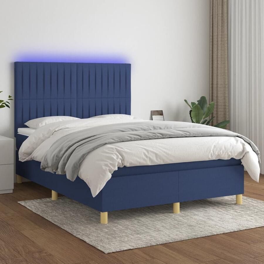 VidaXL Boxspring Stof Blauw 140x190 cm Inclusief LED Boxspring Led Bed Slaapcomfort Boxsprings Kopen Tweepersoons Bed Blue Bedroom Furniture King Size Bed - Foto 2